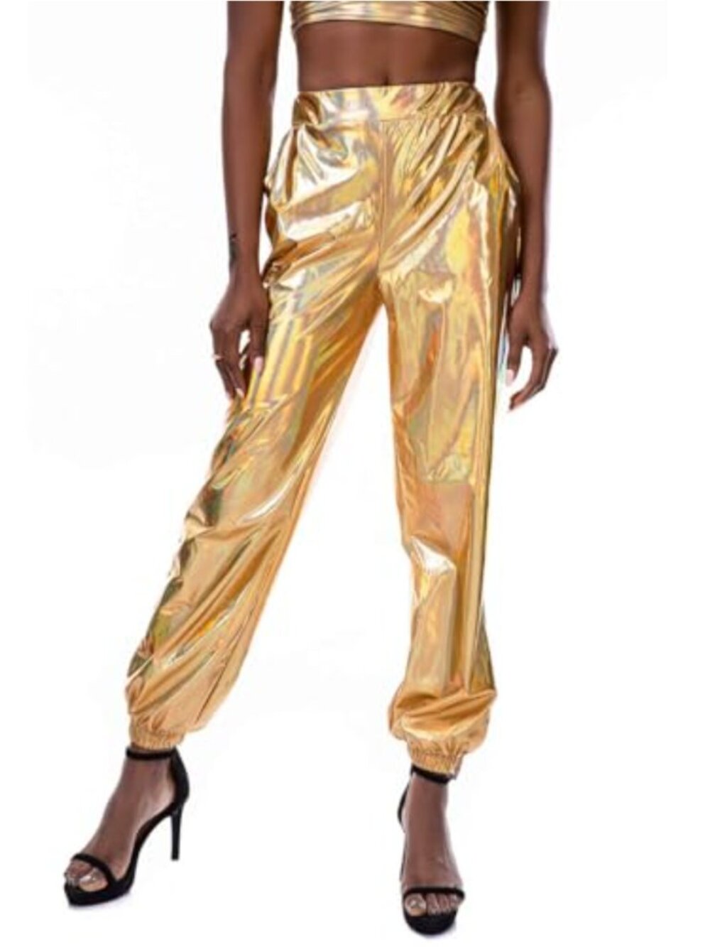 Women's High Waist Metallic Jogger Pants Holographic Club Wear Sweatpants